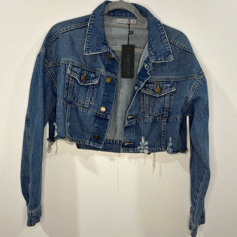 NWT Women's Carmar Cropped Distress Denim Jacket Size Medium